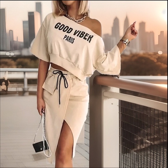 GOOD VIBER PARIS Off Shoulder Elastic Waist Crop Top W/High Split 2pc Skirt Set - Picture 7 of 9
